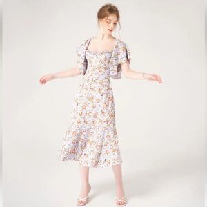 Blue Floral Flutter Sleeve Dress